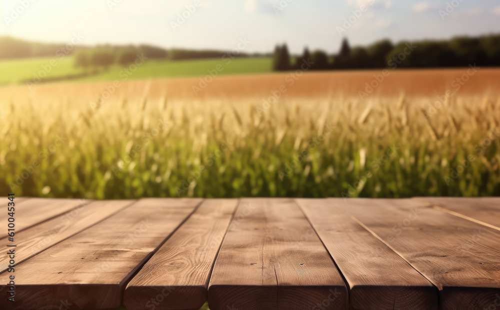 Empty wooden table on the background of a field with wheat. Ready for product display montages.Generative AI