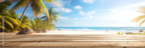 Empty wooden table top against blurred sea and sky and palm trees.Tropical background. The background can be used for mounting or displaying your products. Banner.Generative AI