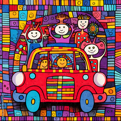 Drawing Happy Family Car