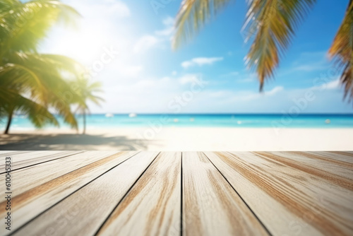 Empty wooden table top against blurred sea and sky and palm trees.Tropical background. The background can be used for mounting or displaying your products.Generative AI