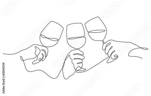 hands holding wine or champagne glasses celebratory toast clinking with friends in one line drawing minimalism