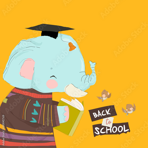 Cute Cartoon Elephant reading Book. Back to School