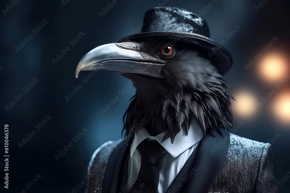 Fototapeta premium Portrait of a Crow dressed in a formal business suit, generative AI