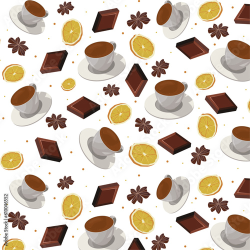 Seamless pattern with a cup of coffee  chocolate  orange slice and badian  aromatic coffee  vector