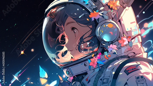 Hand-painted beautiful and cute anime space exploration spaceman illustration in the universe

