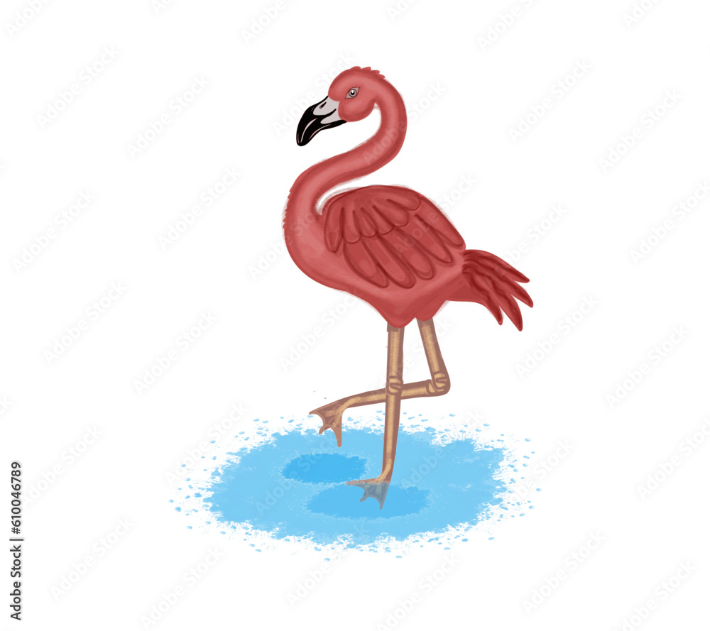 Fototapeta premium Flamingo in the water, cartoon character, color drawing, on a transparent background