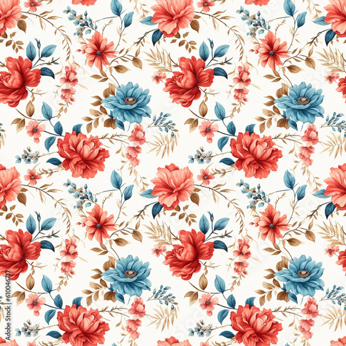 Seamless vintage pattern with colorful flowers on white background. Generative AI.
