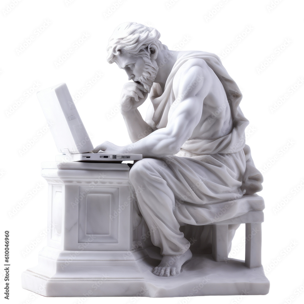A marble statue of a Greek man working on a laptop on a transparent background, Generative AI