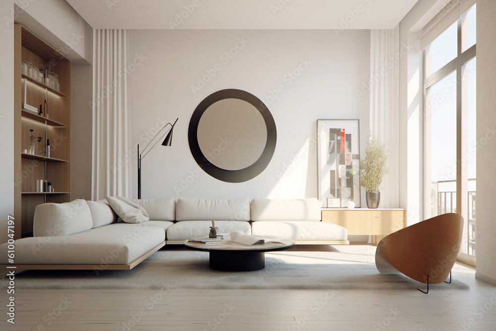 Minimalist living room with clean lines, neutral colors, and iconic ...