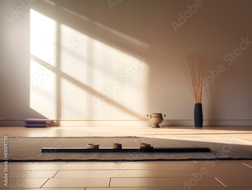 Fotobehang Embracing Tranquility: Serene Yoga Studio with Natural Light, Lavender Yoga Bloc