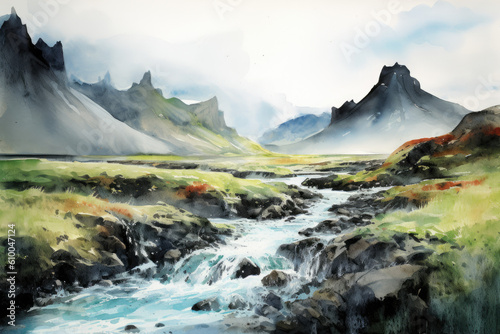 Iceland landscape watercolor created with Generative AI technology