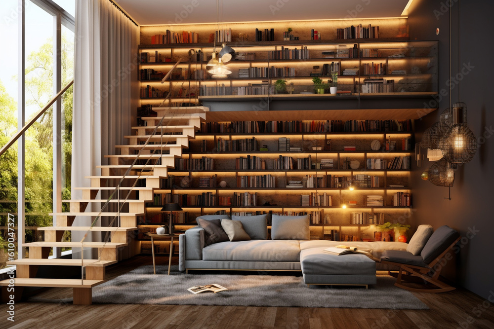 Home library with built-in bookshelves, a cozy seating area, and a ...