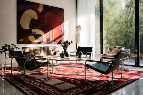 Lounge area with iconic Wassily chairs, a glass coffee table, and a bold geometric rug, Bauhaus style interior, Interior Design Generative AI photo