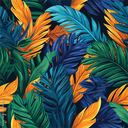 Seamless Colorful Tropical Leaves Pattern.  Seamless pattern of Tropical Leaves in colorful style. Add color to your digital project with our pattern!  © MDQDigital