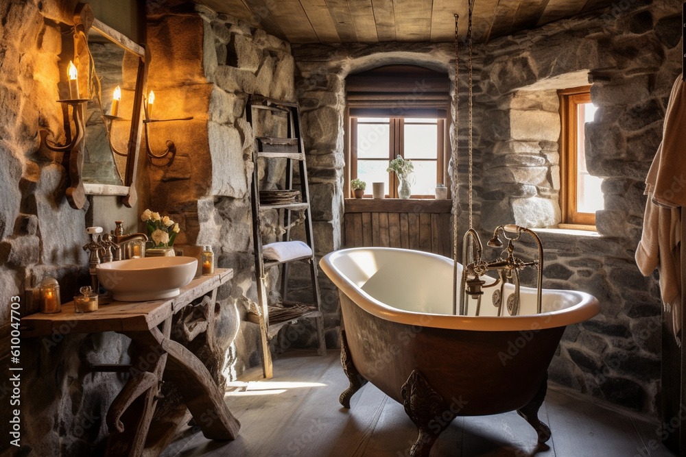 Rustic bathroom with a clawfoot tub, stone accents, and antique ...