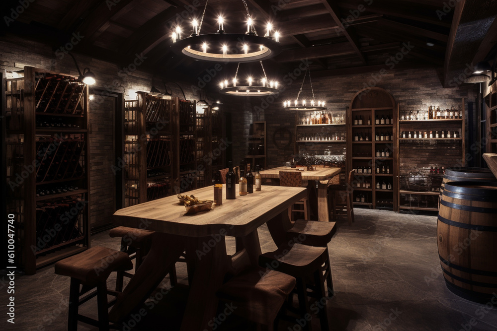 Wine cellar with rustic wooden racks, barrel tables, and dim lighting, Rustic style interior, Interior Design Generative AI