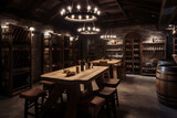 Wine cellar with rustic wooden racks, barrel tables, and dim lighting, Rustic style interior, Interior Design Generative AI