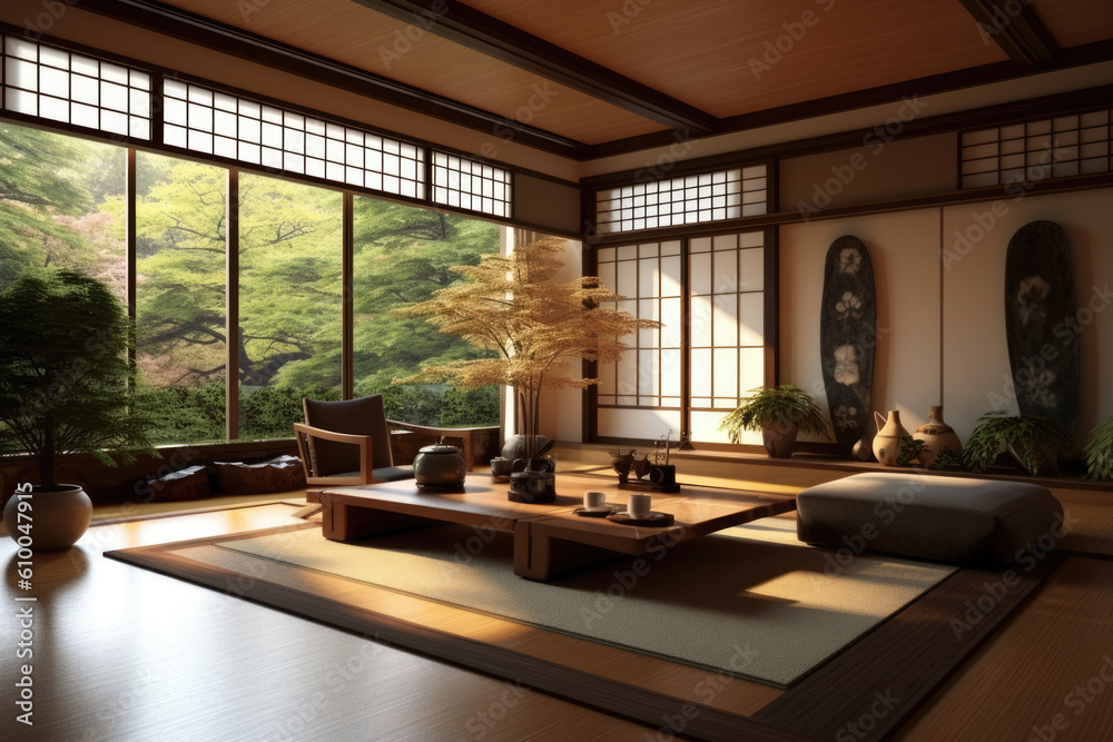 Fototapeta premium Japanese garden living room interior created with Generative AI technology