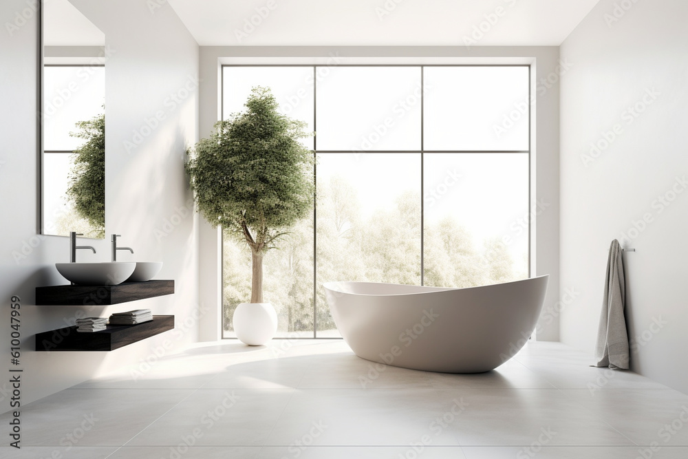 Bathroom with clean design, minimalist fixtures, and a freestanding bathtub, Minimalist style interior, Interior Design Generative AI