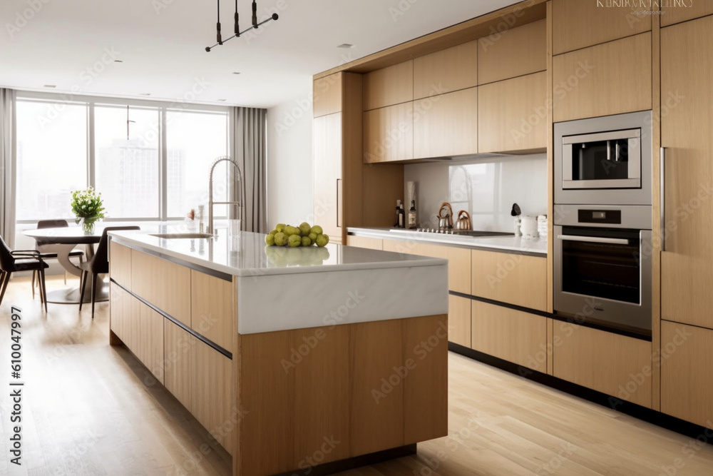Kitchen with sleek cabinets, hidden storage, and minimalistic countertops, Minimalist style interior, Interior Design Generative AI Kitchen with sleek cabinets, hidden storage, and minimalistic countertops, Minimalist style interior, Interior Design Generative AI