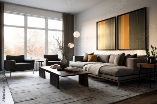 Living room with clean lines, neutral color palette, and a statement piece of furniture, Minimalist style interior, Interior Design Generative AI