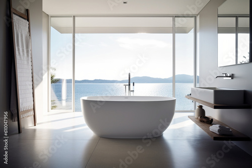 Bathroom with clean design, minimalist fixtures, and a freestanding bathtub, Minimalist style interior, Interior Design Generative AI © Катерина Євтехова
