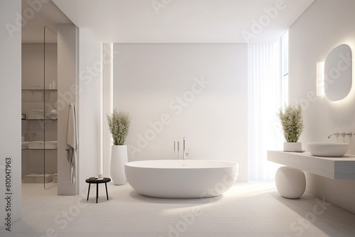 Bathroom with clean design  minimalist fixtures  and a freestanding bathtub  Minimalist style interior  Interior Design Generative AI