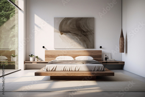 Bedroom with a simple platform bed, minimalistic decor, and a serene color scheme, Minimalist style interior, Interior Design Generative AI