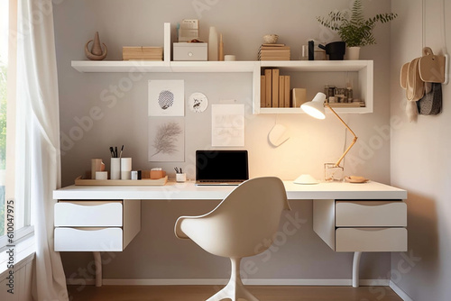 Home office with a minimalist desk, ergonomic chair, and organized storage, Minimalist style interior, Interior Design Generative AI © Катерина Євтехова