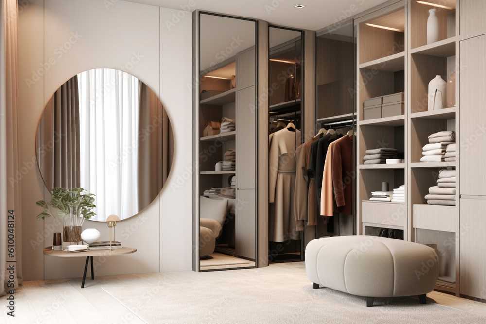 Dressing room with a minimalist wardrobe, organized storage, and a full ...