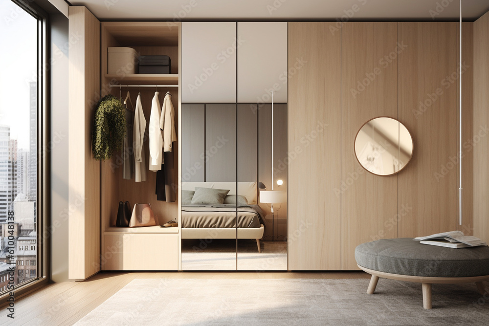 Dressing room with a minimalist wardrobe, organized storage, and a full ...