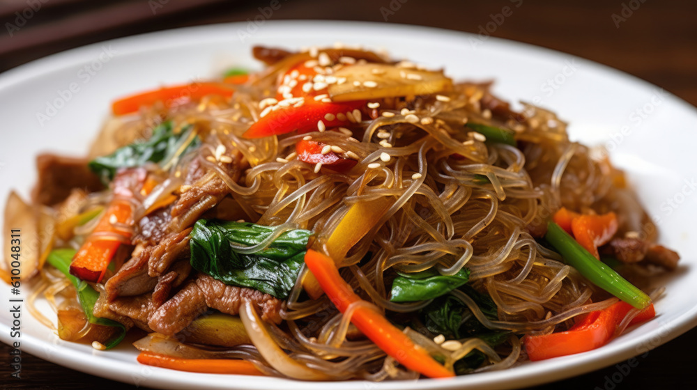 Japchae, Korean stir-fried glass noodles and vegetables created with Generative AI technology Japchae, Korean stir-fried glass noodles and vegetables created with Generative AI technology