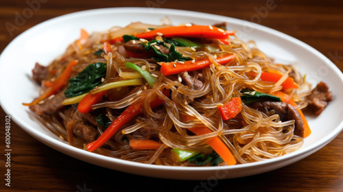 Japchae, Korean stir-fried glass noodles and vegetables created with Generative AI technology