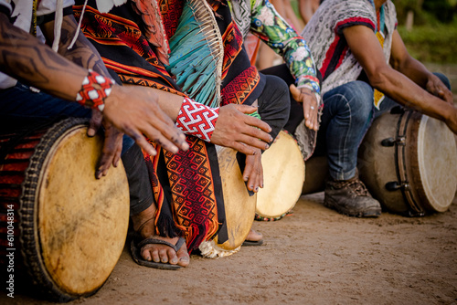 Sao Paulo, SP, Brazil - April 16 2023: Closeup of hands playing African drum. details.