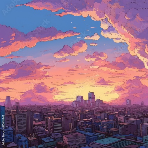 a skyline surrounded by clouds a city Generative Ai