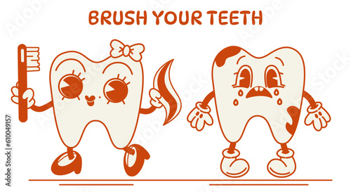 Cartoon cute happy tooth.70, 80, retro style.Dental concept, vector image for poster, sticker, print.Vector