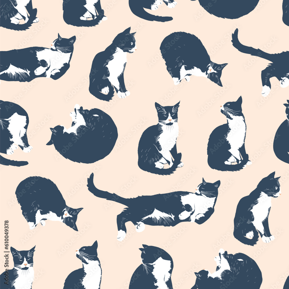 Seamless pattern with black photorealistic cats .