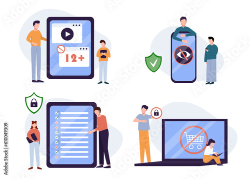 Parental control. Parental control software, parental advisory music, kids digital content metaphors. Vector isolated concept metaphor illustrations