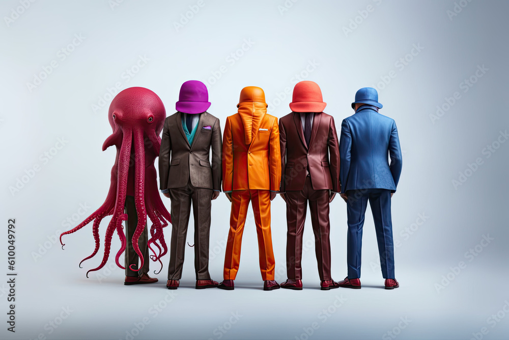 Obraz premium mafia octopus boy band with colorful suit holding instrumental created with Generative AI technology