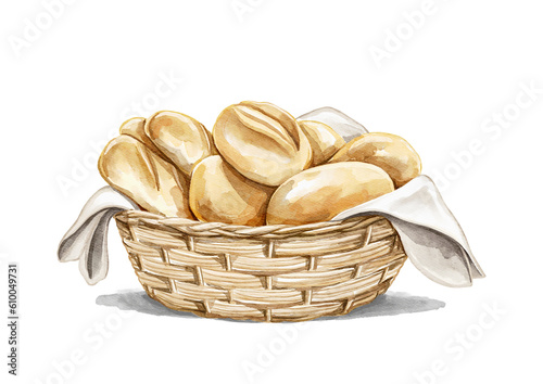 Watercolor vintage delicious food bread loaves buns in wicker basket isolated on white background. Hand drawn illustration sketch