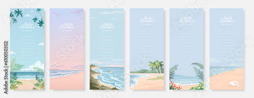 Set of beautiful vertical banner design template with sandy summer beach. Set of nature landscape background. Vector illustration