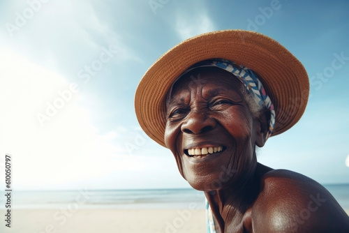 Generative AI illustration of Happy African senior black woman having fun smiling into the camera on the beach