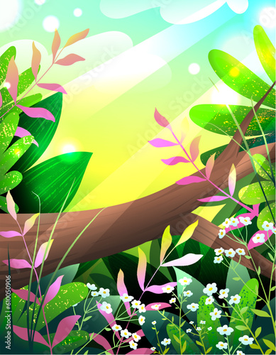 Wild forest and a tree trunk fairytale wallpaper with colorful greenery leaves and flowers. Summertime forest or woods illustration for choldren. Vector jungle cartoon background for kids.