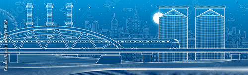 Train rides on the bridge. Three industrial pipes. Granary. City industry and transport illustration. Urban scene. White lines on blue background. Vector design art