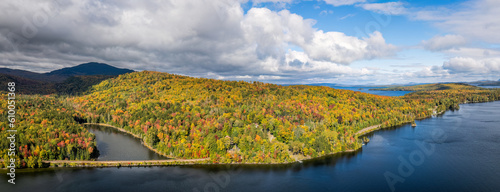 Fall Panorama at Moosehead Lake - Maine - Train tracks along the lakeshore photo