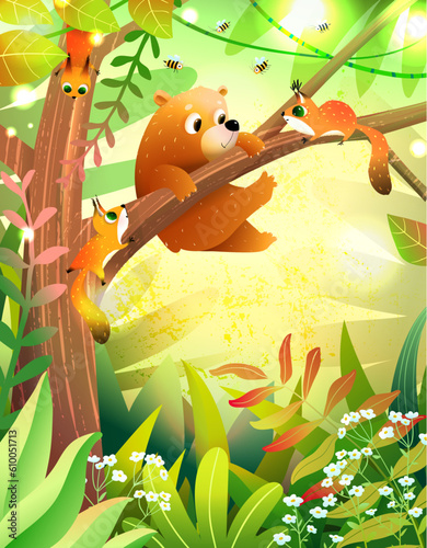 Cute Bear and Squirrels in Green Forest hanging on Tree. Animals in summer green woods, colorful greeting card illustration for children story or book. Vibrant vector illustration in watercolor style.