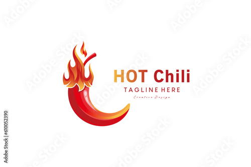 Hot spicy red chili pepper logo design with fiery hair