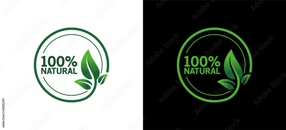 100% Natural vector logo or badge template for product with pure green leaf circle 100% Natural vector logo or badge template for product with pure green leaf circle