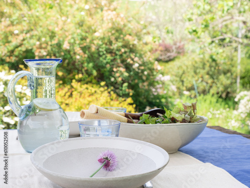 table set outside on a sunny day. Plate with flower, glass pitcher with fresh water and bowl of salad.