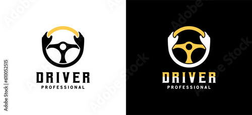 Fényképezés Vector hand holding car steering wheel for car driver logo design